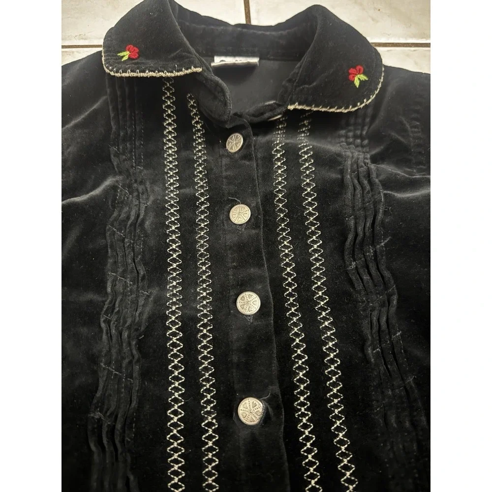 OshKosh B'gosh Girls 7 Black Velvet Holly Berry Embroidered Holiday Jacket Vtg